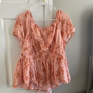Torrid Orange and Pink Puff Sleeve Blouse with Ruffled Smocked Details